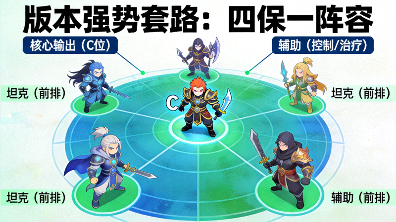 版本强势套路示意，四保一阵容团战站位画面