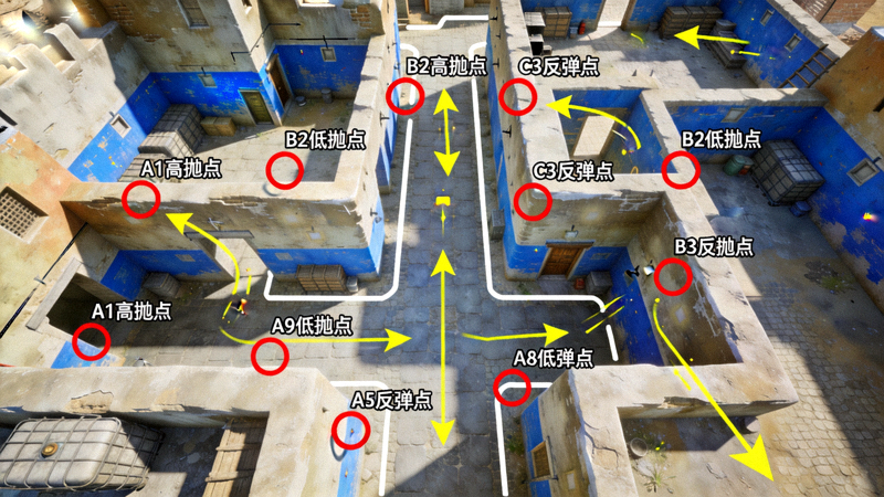 CSGO沙漠二地图中路投掷物落点高清点位示意图