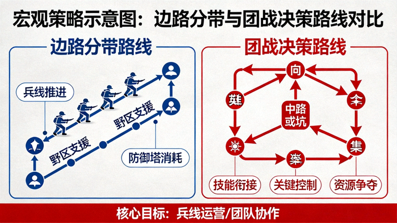 宏观策略示意图，边路分带与团战决策路线对比