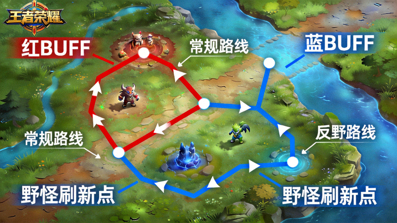 王者荣耀野区地图俯视视角，打野路线标注示意