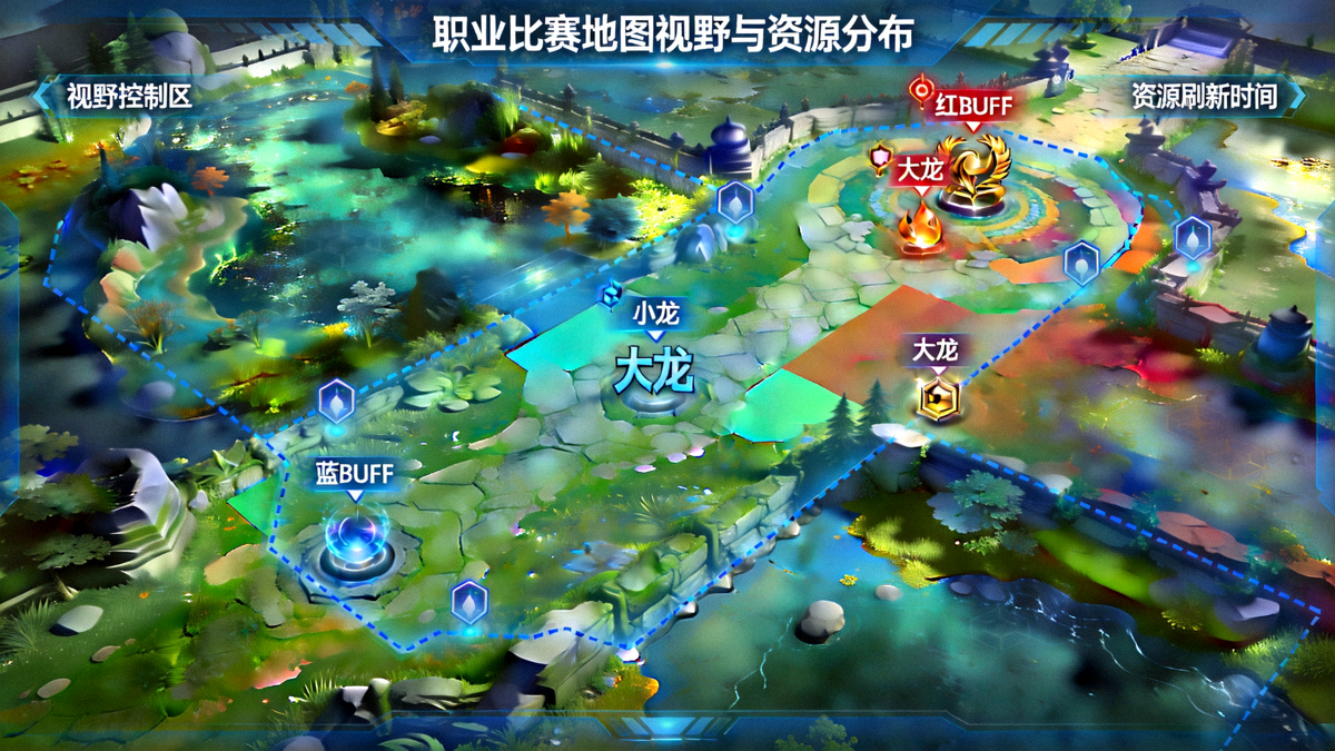 战术动态拆解沙盘界面，展示职业比赛地图视野与资源分布
